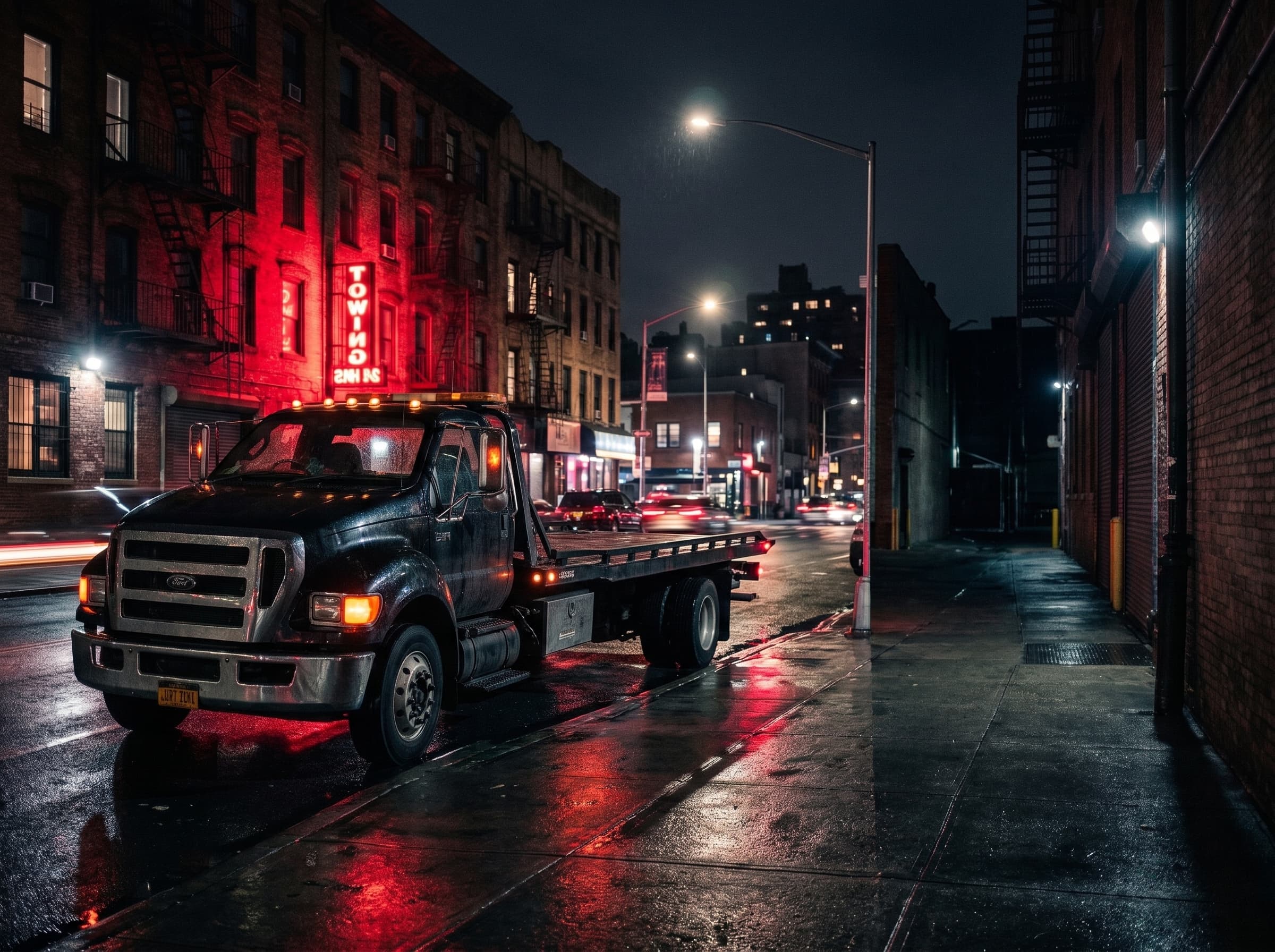 Tow truck loading a junk car at night